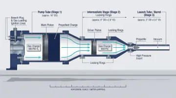 Three-stage light gas gun laboratory system with multi-bore barrel configuration