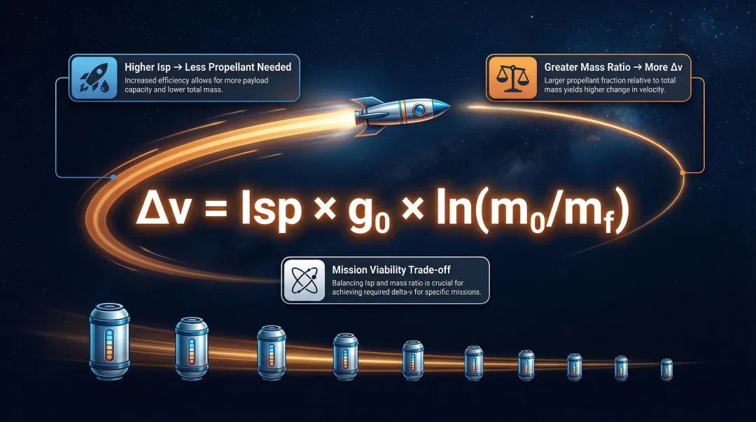 Tsiolkovsky rocket equation showing Isp propellant mass and delta-v relationship