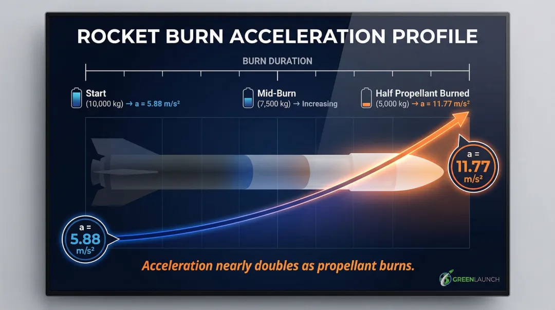 Rocket acceleration increase over burn time as propellant mass decreases infographic