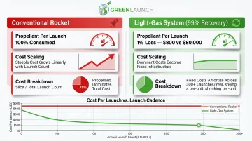 Light-gas versus rocket propellant cost comparison infographic showing variable to fixed cost inversion