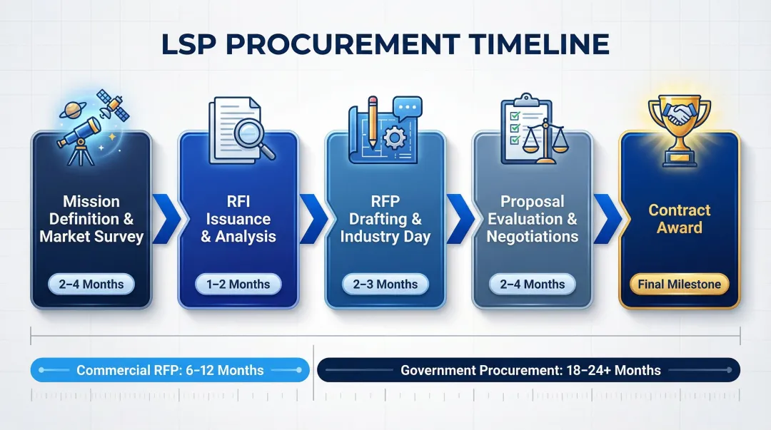 Launch service RFP procurement timeline five phases from mission definition to contract award