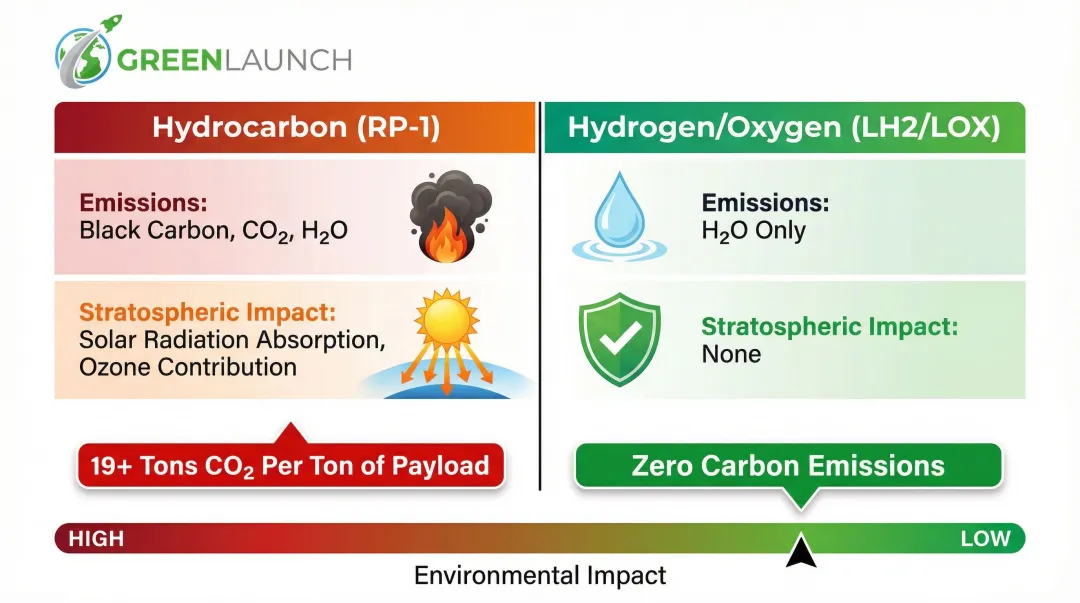 Hydrocarbon versus hydrogen propellant emissions and stratospheric impact comparison infographic