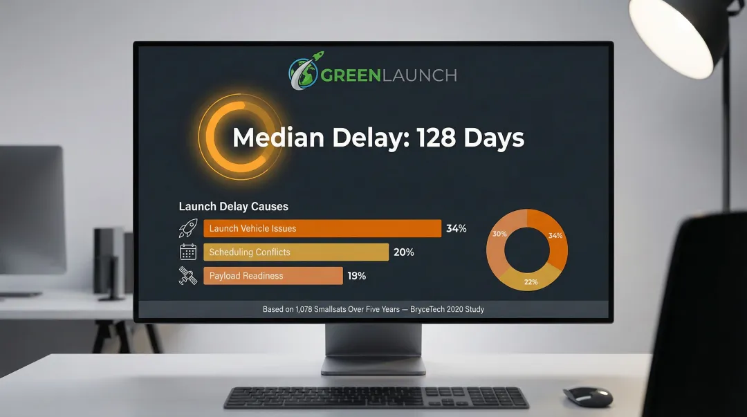 Smallsat launch delay statistics showing 128-day median slip and causes breakdown