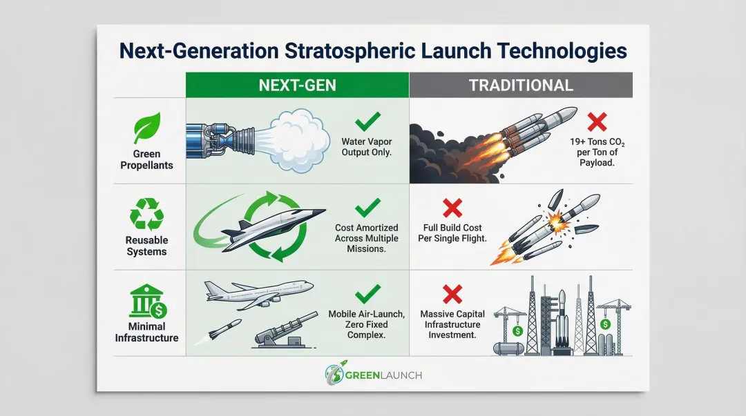 Next-generation stratospheric launch sustainability comparison green propellants reusability infrastructure savings
