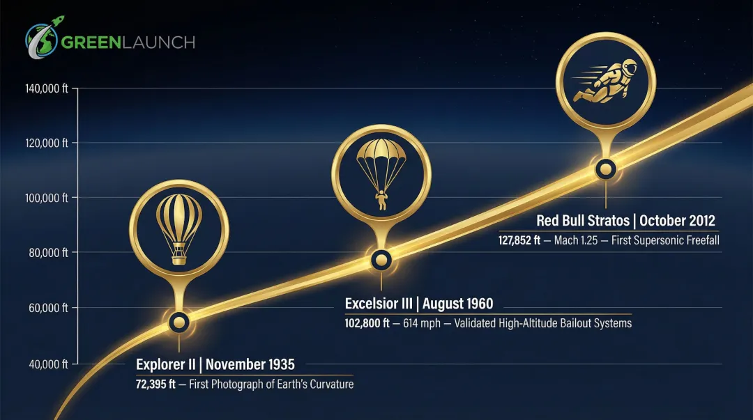 Historic stratospheric missions timeline from Explorer II to Red Bull Stratos altitude records
