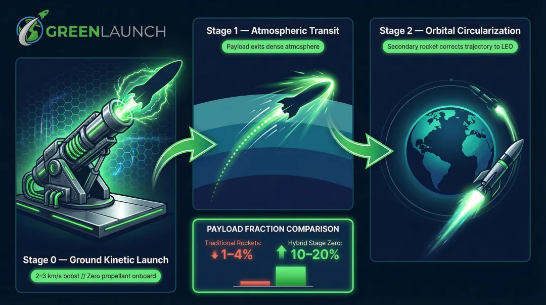 Hybrid kinetic plus rocket stage launch architecture showing Stage Zero ground boost and orbital circularization