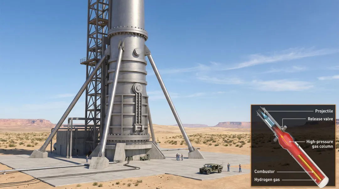 Light-gas gun launch tube firing projectile vertically at high velocity test facility