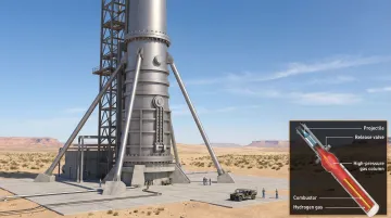 Light-gas gun launch tube firing projectile vertically at high velocity test facility