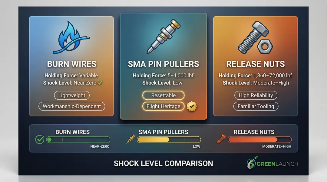 Satellite restraint mechanism comparison burn wires SMA pin pullers release nuts