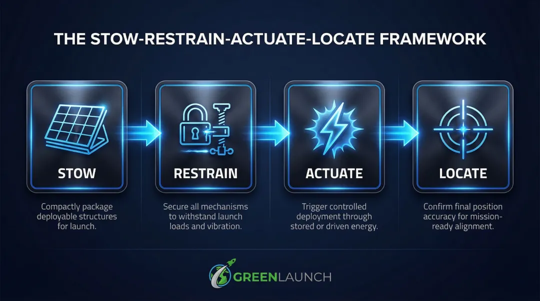 Four-stage satellite deployment framework Stow Restrain Actuate Locate process flow