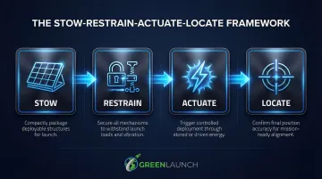 Four-stage satellite deployment framework Stow Restrain Actuate Locate process flow