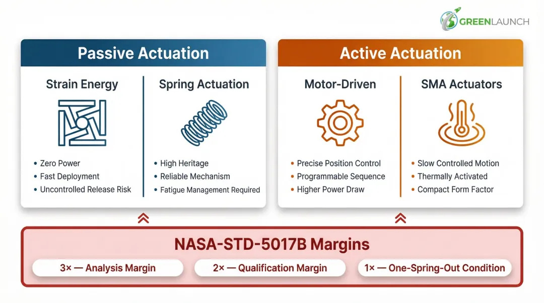 Passive versus active satellite deployment actuation types comparison with NASA margin requirements