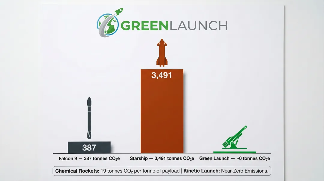 CO2 emissions per launch comparison Falcon 9 Starship versus Green Launch kinetic system