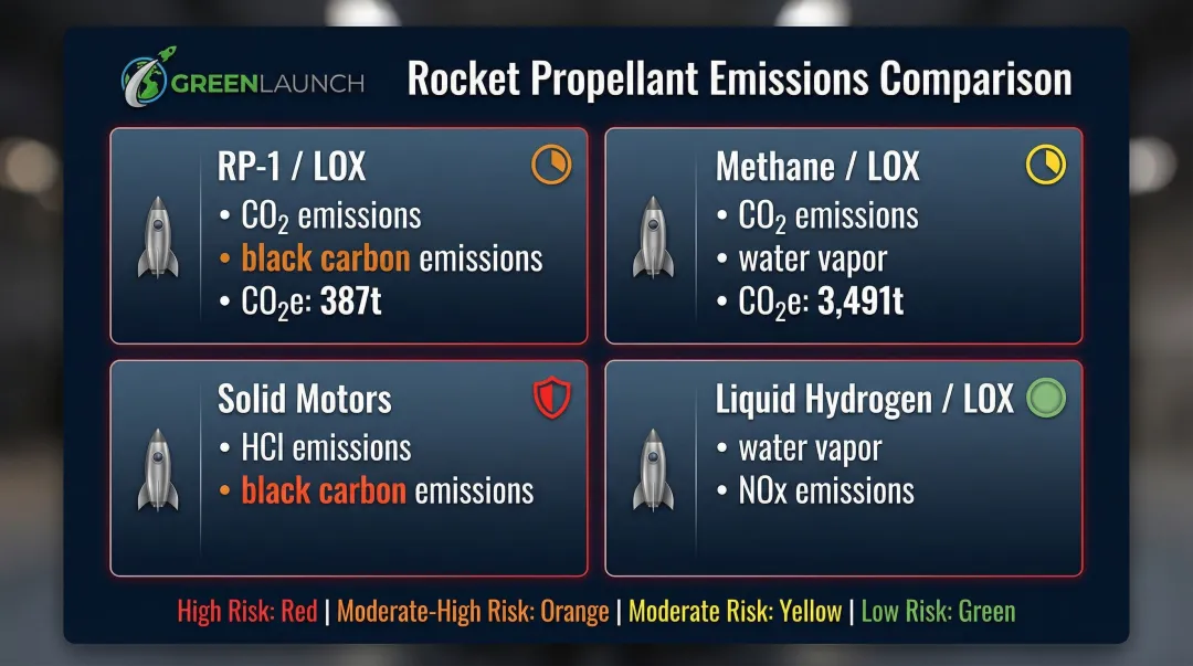 Four chemical rocket propellant types emissions profiles comparison infographic