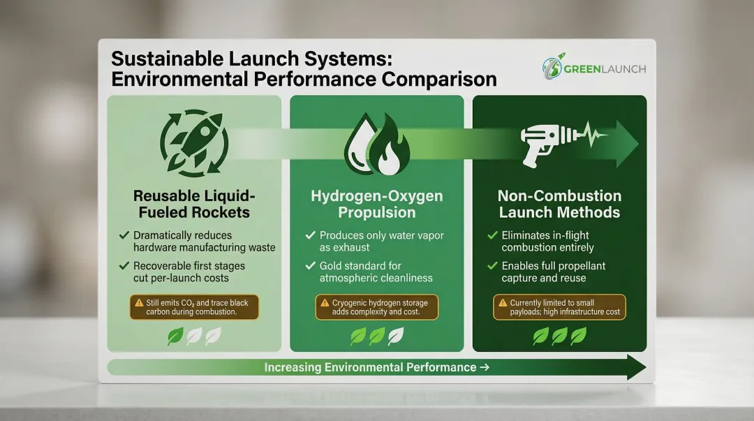 Three green space launch approaches comparison infographic with environmental trade-offs