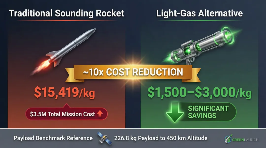 Traditional sounding rocket cost per kilogram versus alternative propulsion cost comparison
