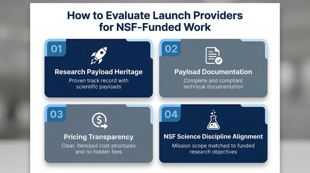 Four criteria for selecting NSF-eligible commercial launch providers evaluation framework