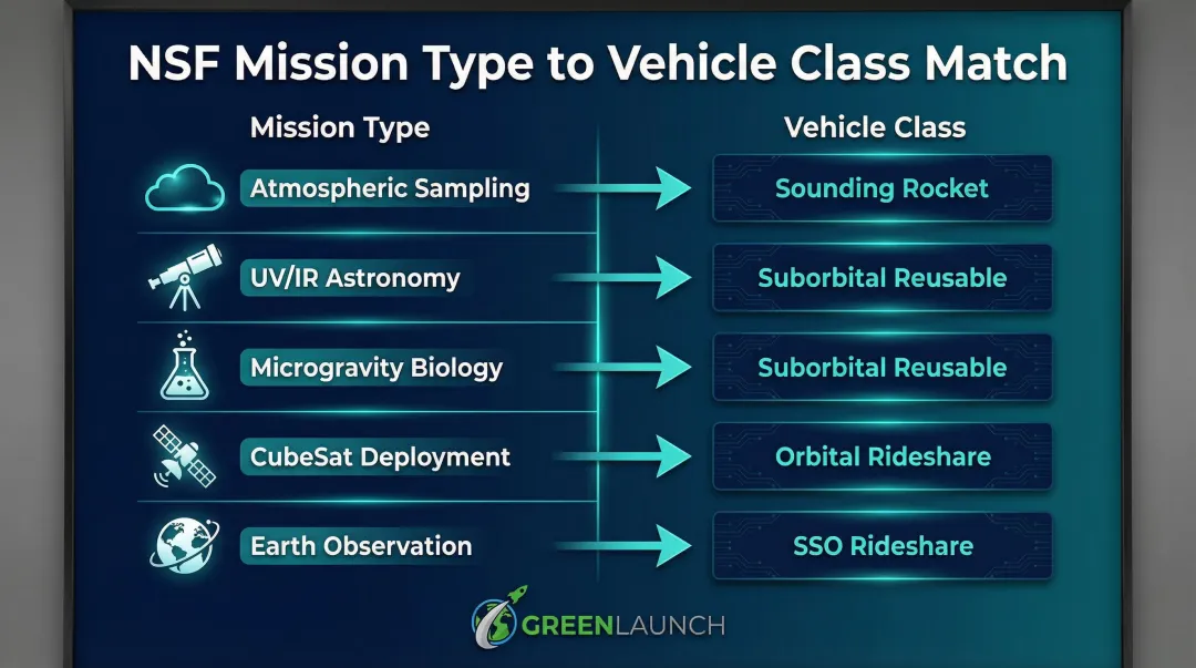 NSF research mission types mapped to matching launch vehicle classes infographic