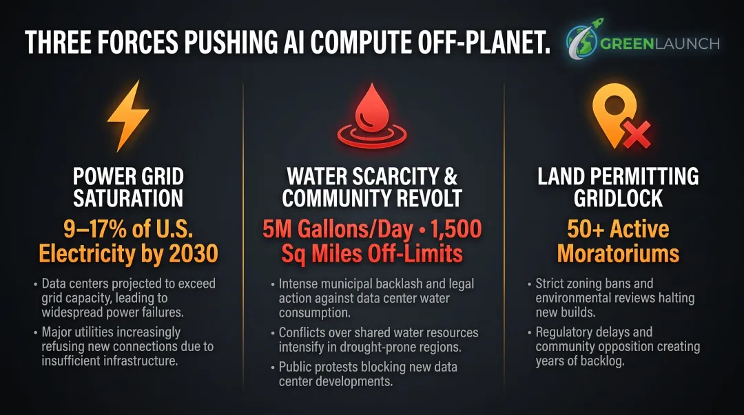 Three terrestrial AI data center constraints power water and land infographic