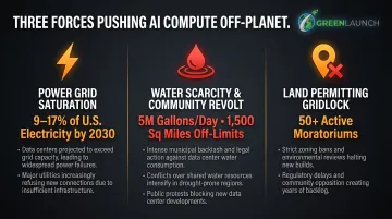 Three terrestrial AI data center constraints power water and land infographic