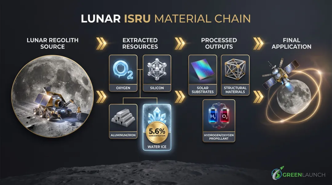 Lunar in-situ resource utilization ISRU material flow from regolith to satellite components