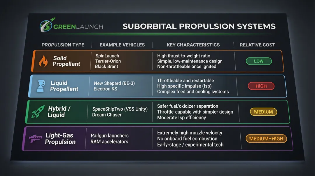 Four suborbital propulsion types comparison chart with cost and performance characteristics