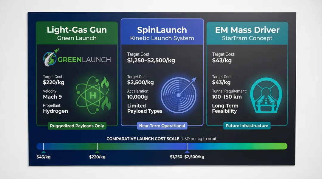 Alternative space launch systems cost comparison light-gas gun SpinLaunch mass driver