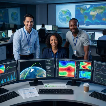 Scientists analyzing atmospheric sampling data at mission control