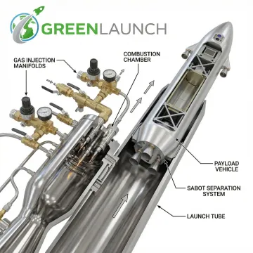 SHARP light-gas launch tube with visible combustion chamber and payload vehicle