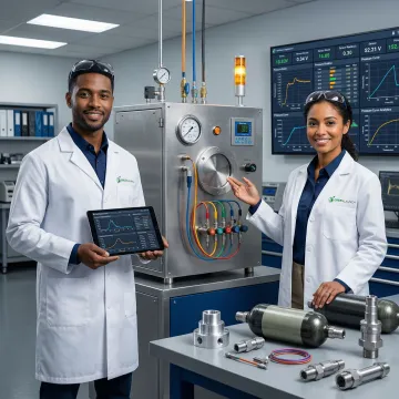 Engineers reviewing aerospace pressure test data