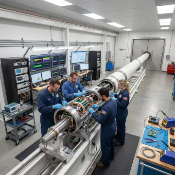 Technicians preparing an electronics payload for high-G launch testing at Yuma Proving Ground
