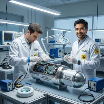 Engineers preparing electronics payload for testing