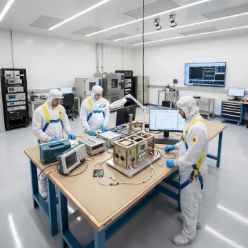 Engineers preparing a materials test payload