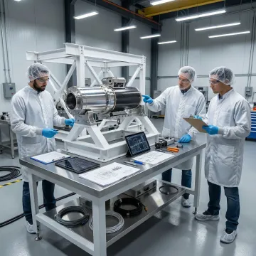 Engineers reviewing payload hardware for launch readiness