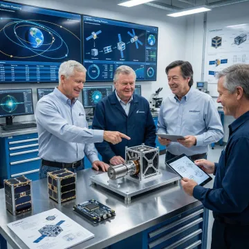 Aerospace team reviewing CubeSat launch system