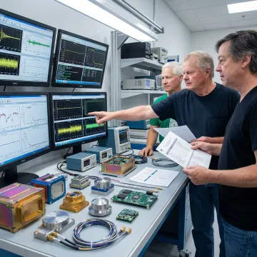 Engineers reviewing electronics test data
