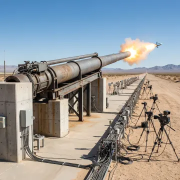 Light gas gun launch tube firing a high-velocity projectile at a test facility