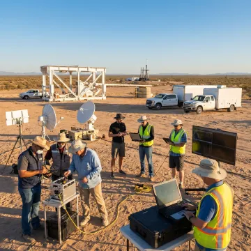 High-altitude launch support team preparing payload equipment