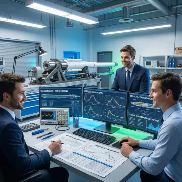 Engineers reviewing gas gun barrel specifications