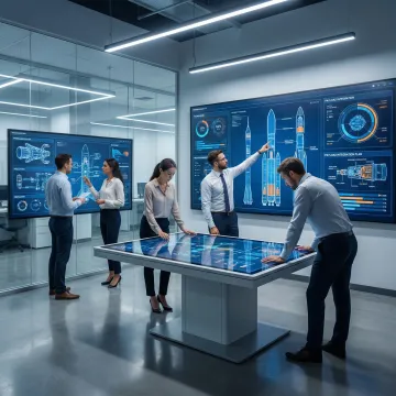 Engineers reviewing a space launch system concept