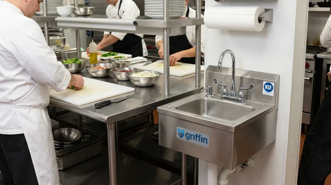Griffin Products NSF-approved compact hand sink installed in commercial kitchen