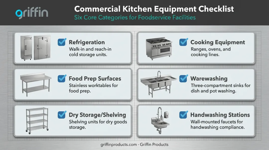 6 essential commercial kitchen equipment categories checklist infographic