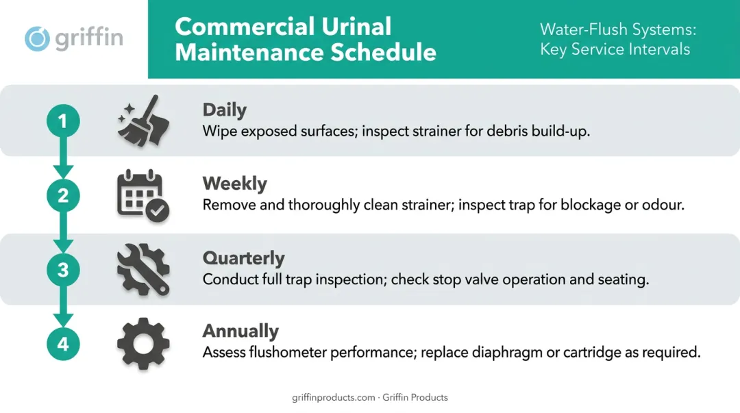 Four-interval commercial urinal maintenance schedule from daily cleaning to annual flushometer inspection