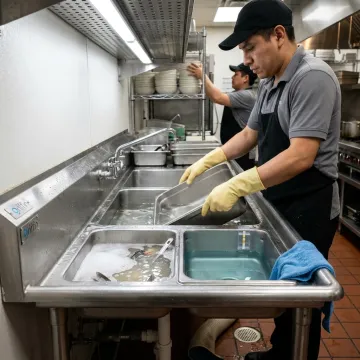 Three compartment sink warewashing process