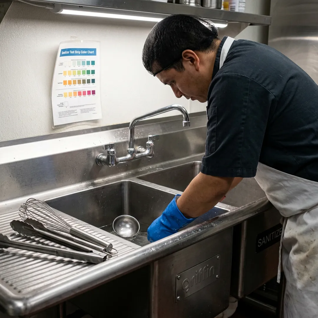 Commercial three compartment sink in use