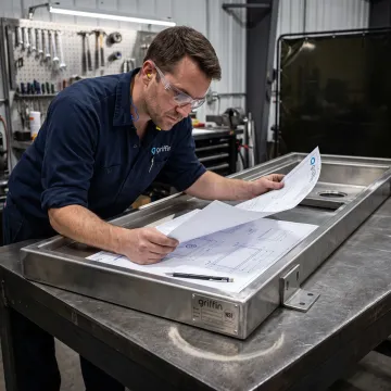 Fabricator reviewing a custom stainless steel sink drawing