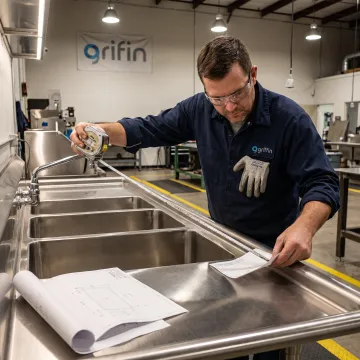 Technician planning a custom stainless steel sink