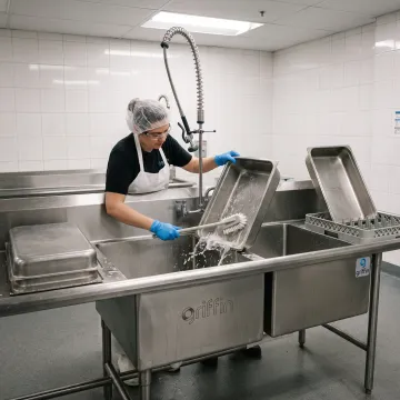Worker using a stainless steel compartment sink