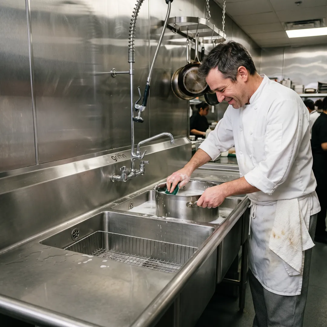A stainless steel three-compartment sink in a busy restaurant kitchen.