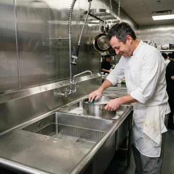A stainless steel three-compartment sink in a busy restaurant kitchen.